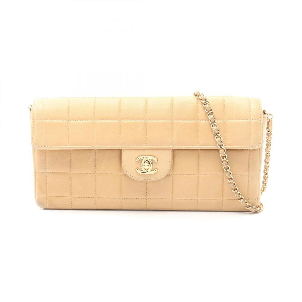 Chanel Chocolate Bar East West Shoulder Bag Lambskin Sheepskin Beige